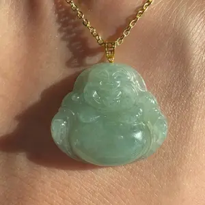 Green jadeite jade Buddha 18k gold pendant (minor fracture in the back) Plated