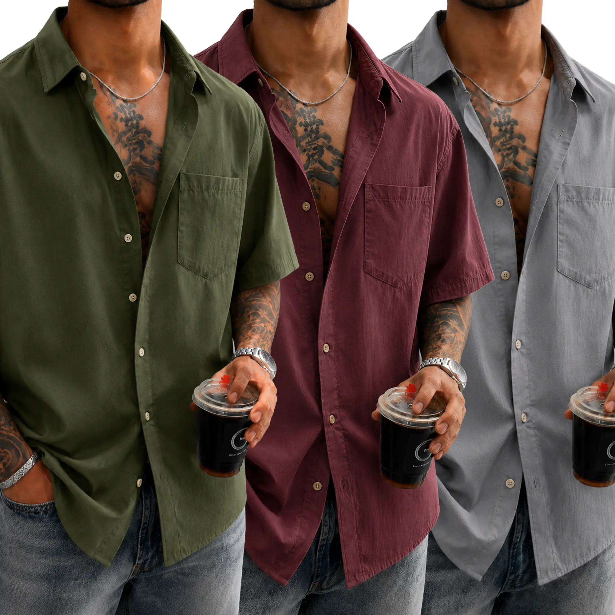 Men's 3 Pack 100% Cotton Button Down Shirts Short Sleeve Casual Pocket Shirts for Beach Vacation Travel
