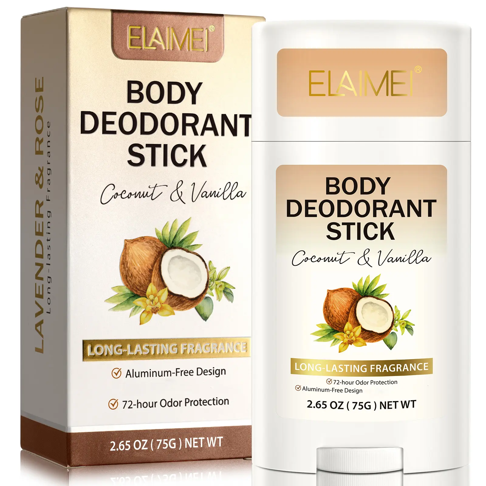 【live】Elaimei Body Deodorant Stick, 72 Hour Odor Control, Aluminum Free, Coconut & Vanilla, 2.65 OZ(75g)