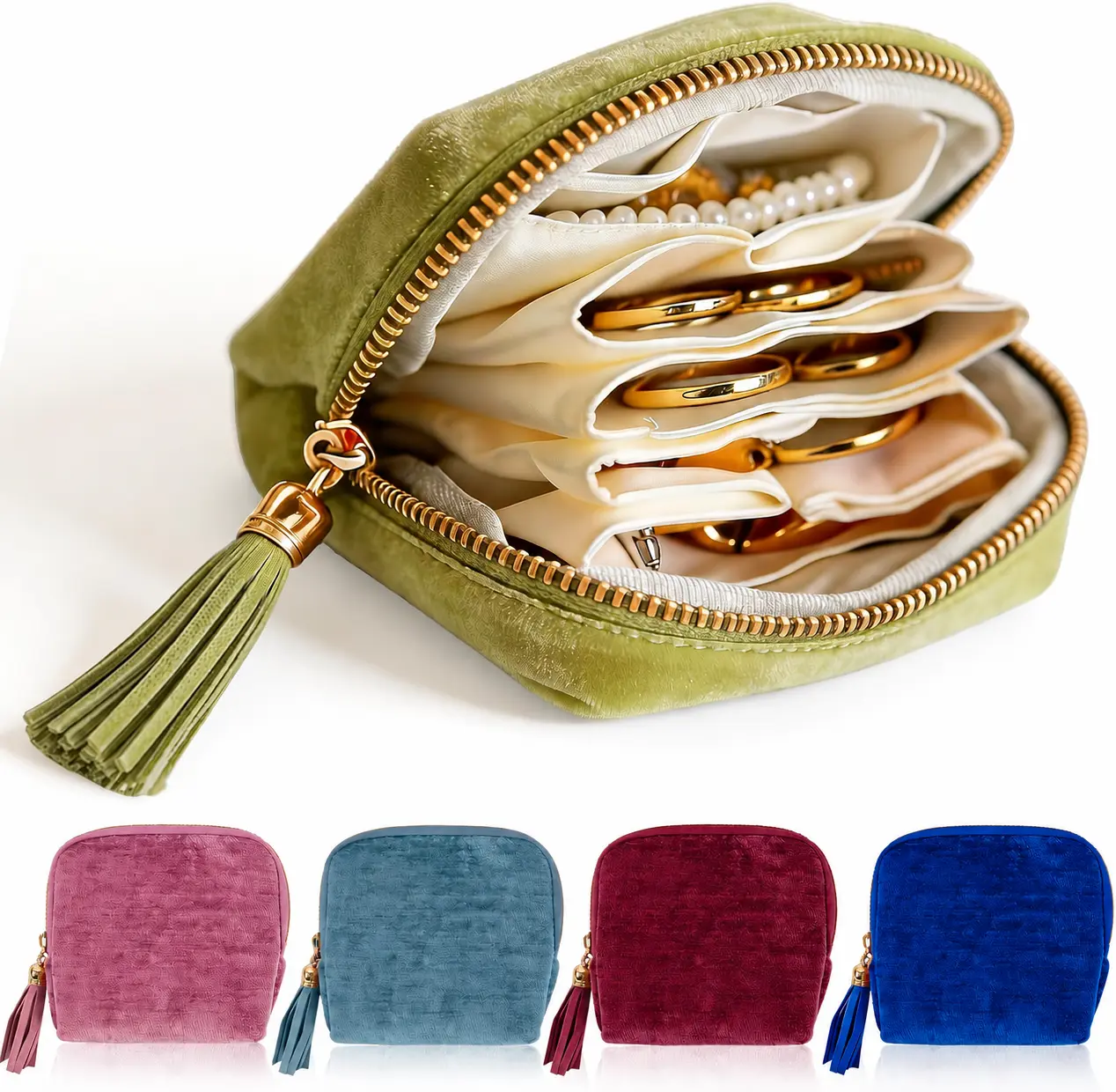 Velvet Travel Jewelry Organizer for Women, Portable Jewelry Case with Multi Compartments, Anti-Tangle Storage Pouch, Tassel Zipper Jewelry Bag for Rings, Earrings, Necklaces, Bracelets, Travel Essentials, Gift for Her