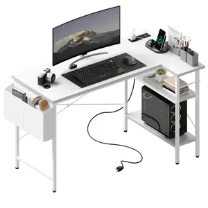 39" Corner Gaming Desk, L Shaped Computer Desk with 3AC+2USB+1Type-C Power Strip, Storage Shelves & Side Hanging Fabric Organizer, White Gaming Workstation for Home Office and Bedroom