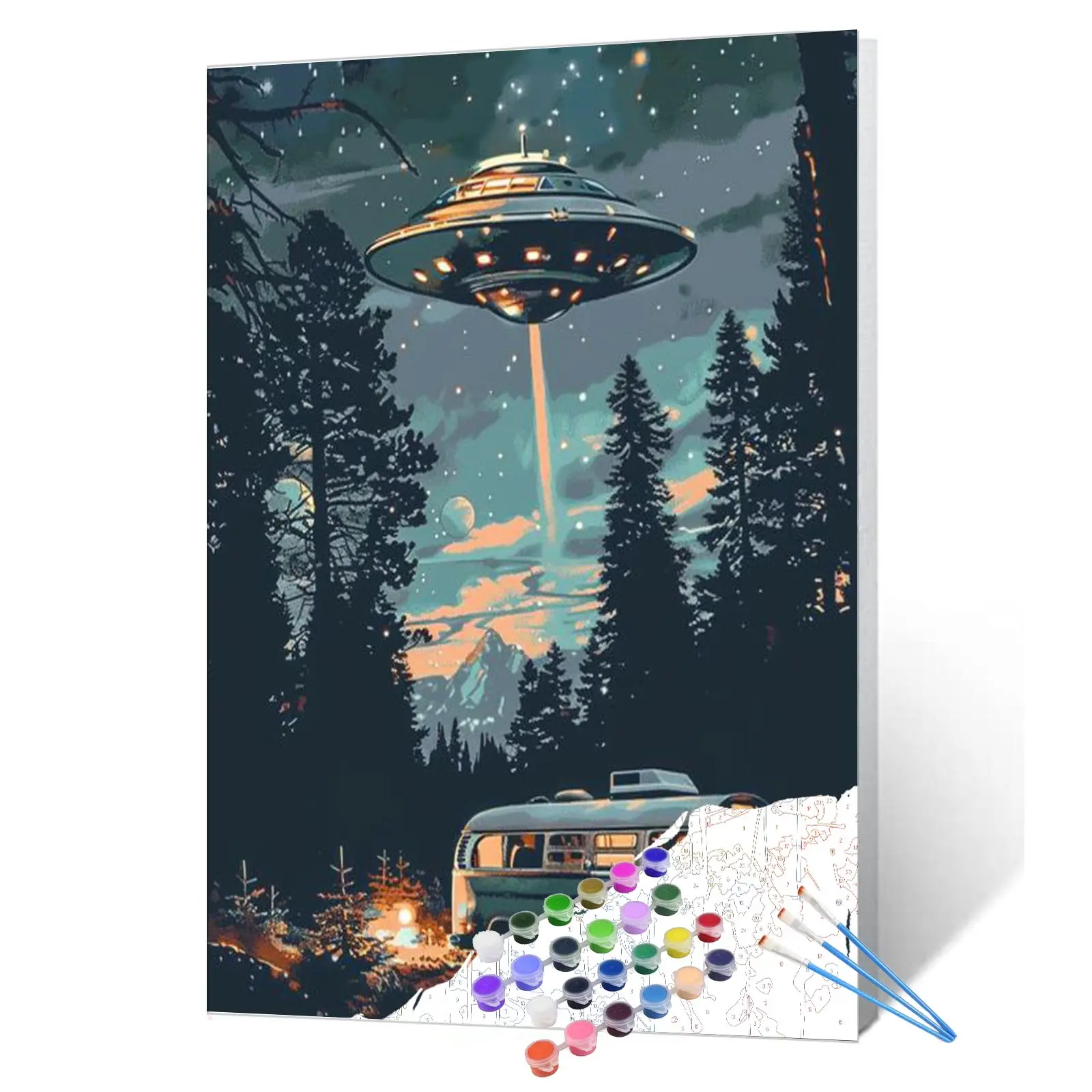 Tucocoo UFO Forest Paint by Numbers Kit Sci Fi Night Sky Flying Saucer over Pine Trees DIY Acrylic Painting for Adults Beginners Paint by Numbers Relax Stress Relief Wall Art Home Decoration Gift for Seniors and Space Lovers 16x20inch (40x50cm)