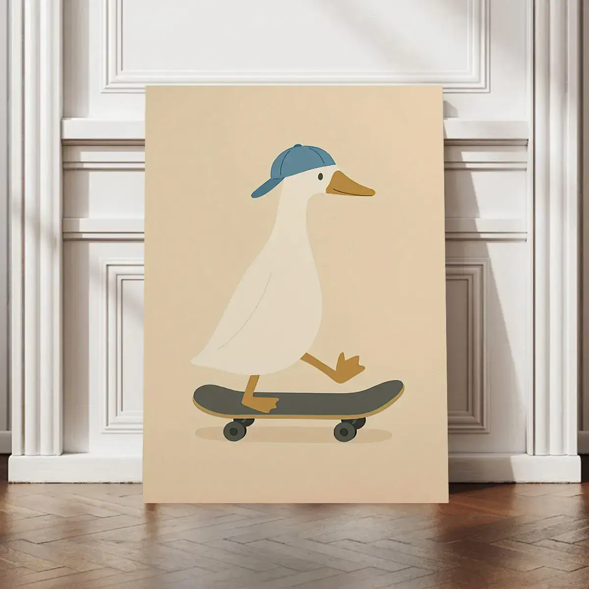 [UNFRAMED] Fun & Playful Skateboarding Duck Wall Art – Cute Canvas Print for Kids Room