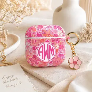 Floral Pink AirPods Case with Custom Monogram, Personalized Initials letter Tropical Theme Cover For airpod Gen 1 2 3 4 Pro,Aesthetic Summer