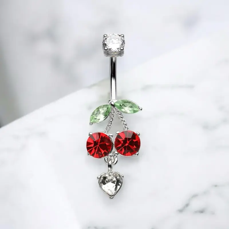 14g Cherry Top Belly Button Ring - Cute Women's Fruit-Theme Body Jewelry with Plant & Geometric Designs, Anti-Tarnish Steel Barbells, 3/8” (10Mm)) Everyday Wear for Gifting to Friends
