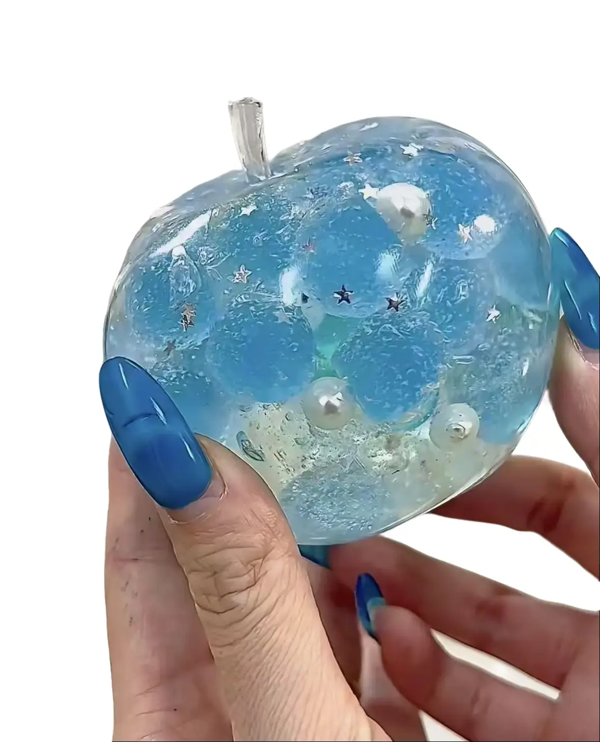 Chiboki crystal Hard Candy Filled Apple Squishy, Non-Rebound Transparent Blue Jelly Stress Toy with Star Sequins & Pearl Charms, Portable Aesthetic Desk Ornament, Ideal Birthday & Holiday Party Favor Gift for Teens Adults