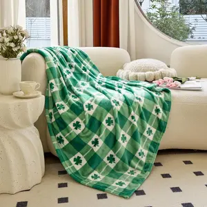 Elegant Comfort Velvet Touch Ultra Plush St Patricks Day Lucky Spring Green Clover Shamrock Irish Printed Fleece Throw/Blanket-50 x 60inch, Lucky Plaid Clover