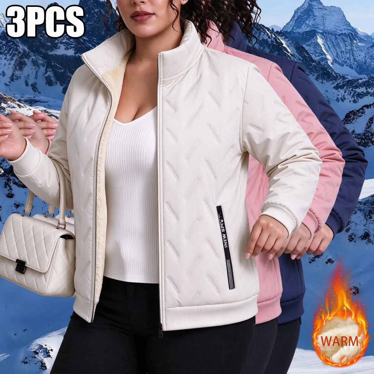Women’s 3-piece set for autumn/winter with thickened lining—essential sportswear: jacket, comfortable full-zip sports top, fashionable winter warm clothing for outdoor work.
