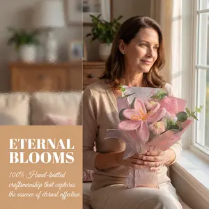 Crochet Handmade Artificial Silk Flower Bouquets - Finished Tulip & Rose Arrangements, Elegant Home Decor Supplies, Ideal Birthday Gift for Elders, No Gift Box Included, Artificial Silk Flowers
