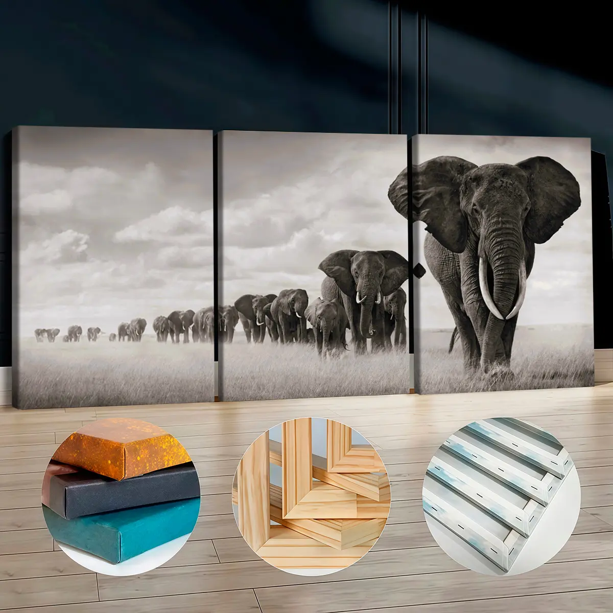 3Pcs Elegant Artistic Wooden-Framed Canvas Print Set - Sepia-Tone Elephant Herd Poster, Odorless Fashion Animal Accent Wall Arts, Artwork for Living Room & Office Home Decor Supplies