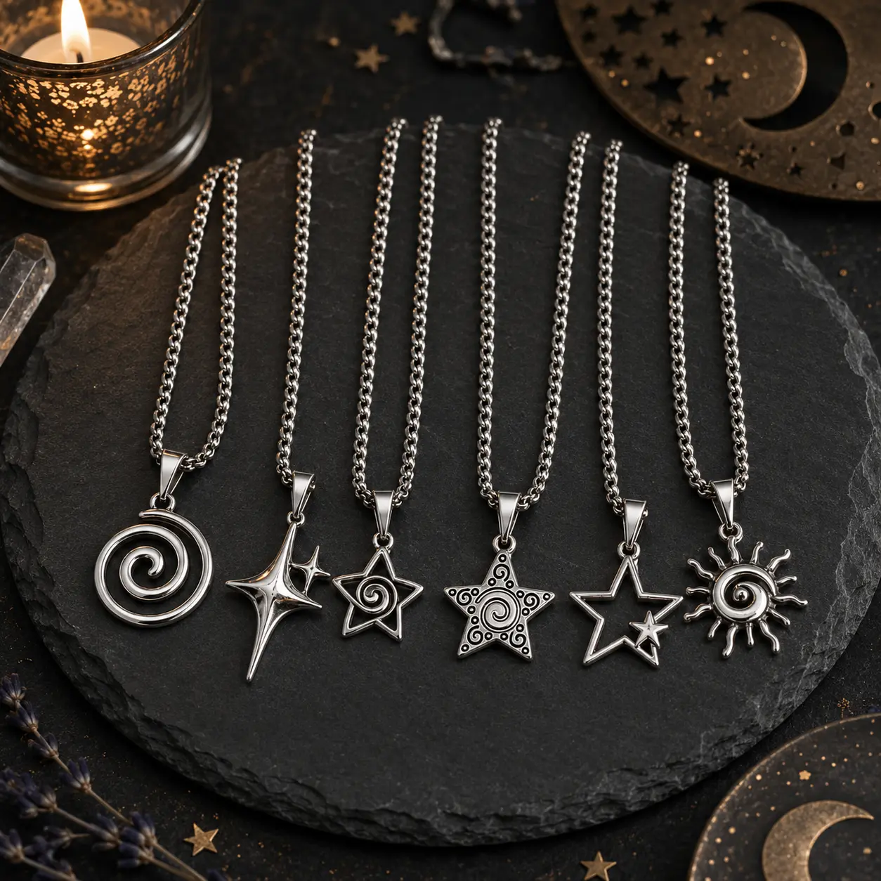 Silver Star Moon Sun Necklace Set (6 Pieces) | Retro Spiral Star Pendant Collarbone Chain, Y2K Dark Style Layered Necklace Set, Unisex Jewelry Gift