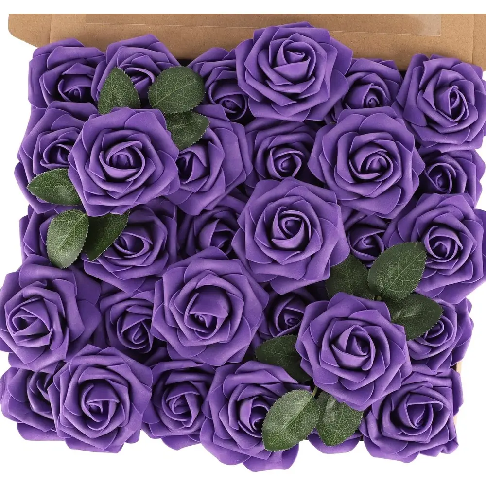 50pcs Purple Artificial Flowers Fake Roses with Stem Real Touch Soft Foam Roses for Valentines Day Gifts Wedding Bouquet Table Centerpieces Party Bridal Shower Home Spring Decorations