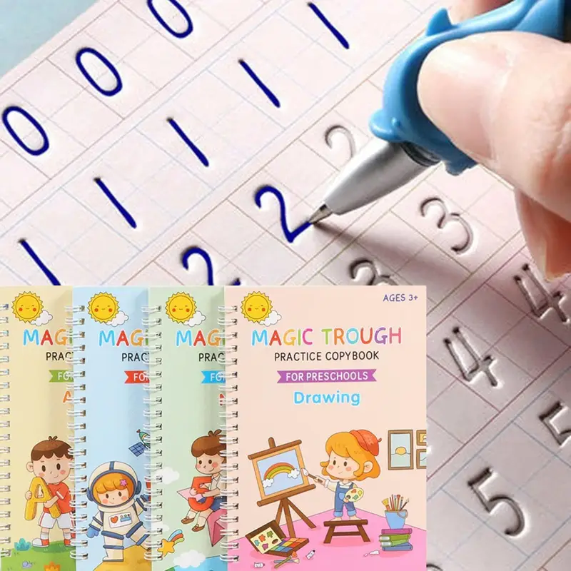 4-Pack Children's Magic Practice Copybooks Set with Pen and Refills, Reusable 3D Groove Writing Pad for Kids Ages 3-6, Traceable Alphabet, Numbers, Dr