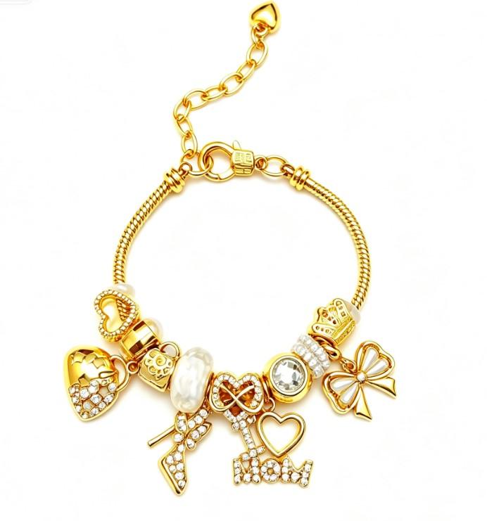 I Love Mom Charm Bracelet, Gold Plated Beaded Snake Chain Bracelet with Heart Bow Crown Charms, Gift for Mother