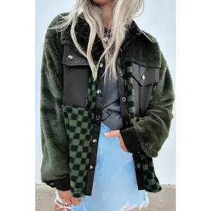 Pocketed Checkered Collared Neck Snap Down Jacket