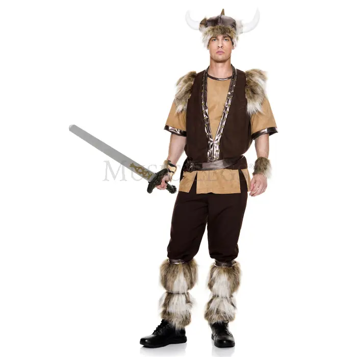 212 MAIN Brave Viking Mens Costume - 7-Piece High Quality Menswear, Brown Suede Vest with Fur, Horned Headband, Polyester Belt, Leg Warmers, Medium Fit (76657-M)