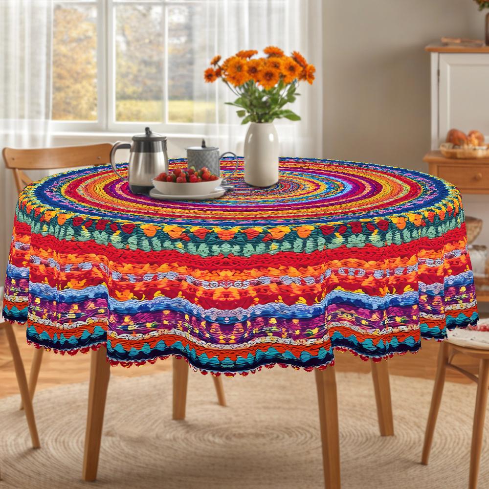 PLUMLIK Vibrant Boho Tablecloth, Colorful Retro Bohemian Round Rectangle Tablecloth, Exotic Style Decoration for Outdoor Indoor, Suitable for  Farmhouse Courtyard Thanksgiving Day Christmas Party, Daily Holiday Kitchen Restaurants, Home Dorm Accessories