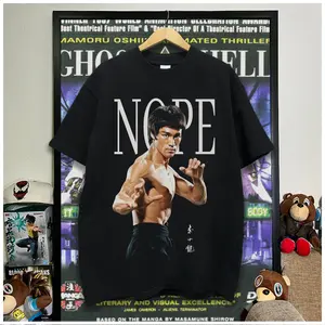 Bruce Lee Vintage Graphic Print Men's Round Neck Tee, Casual Short Sleeve T-shirt for Summer, Fashion Men's Top for Daily Wear Menswear Tshirt Streetwear Tropical Crewneck Wetsuit Black Shortsleeve