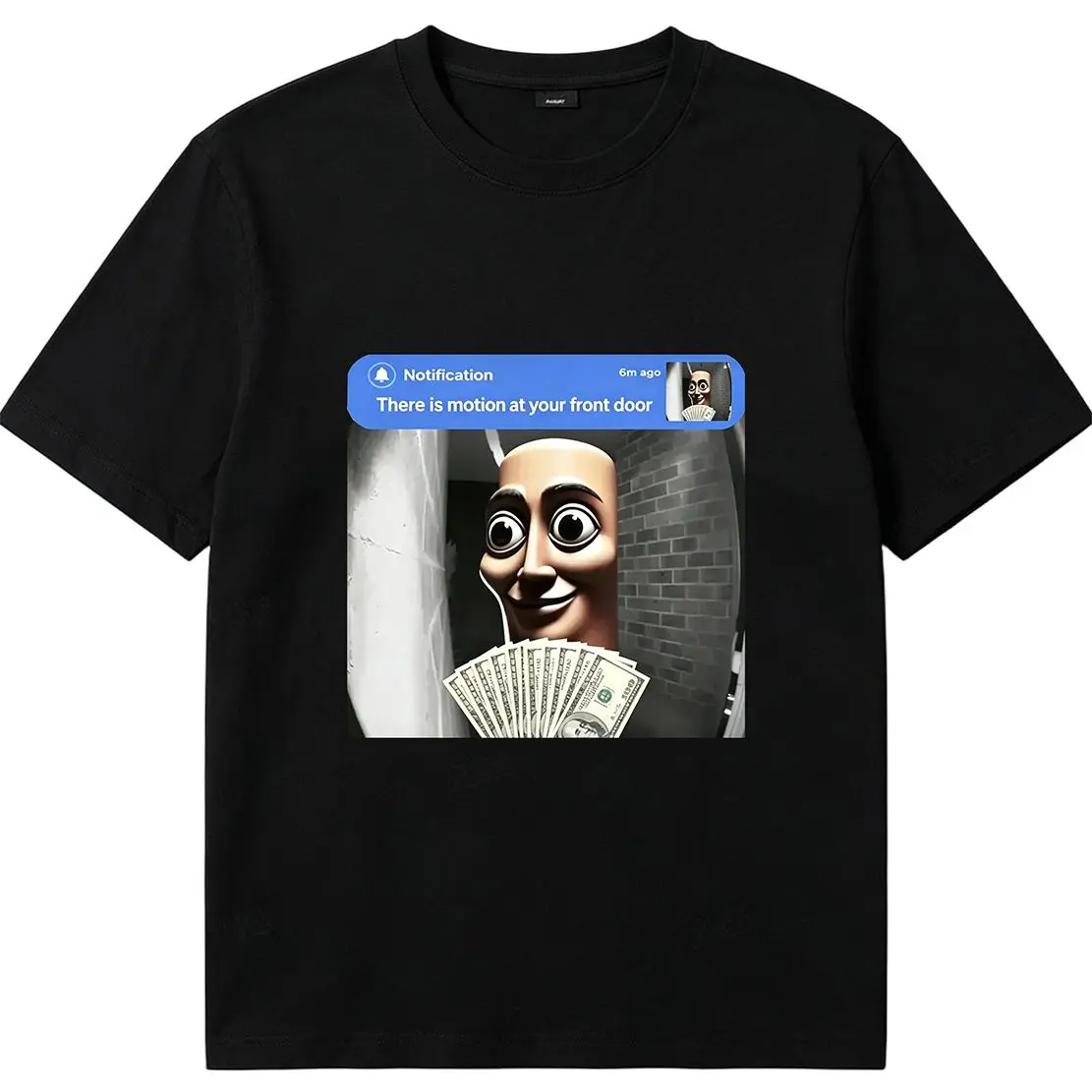 Funny There Is Motion At Your Front Door T-Shirt – Unhinged Ring Doorbell Meme Tee, Uncanny Valley Cash Holding Heavyweight Cotton Casual Top for Men and Women