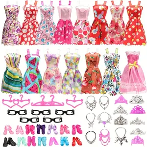 42 pcs doll clothes and accessories set (10 stylish random dresses + 10 random pairs of shoes + 6 necklaces + 6 crowns + 5 glasses + 5 random hangers) for 11 inch doll