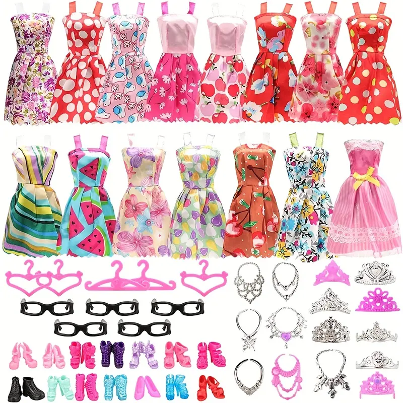 Unisex 42-Piece Doll Clothes & Accessories Set for 11in Dolls - Stylish Dresses, Shoe Pairs, Necklaces, 6 Crowns, Glasses, Velcro Hangers, Elastic On/Off Fabric Toys for Dressing Up, Fantasy & Sci-Fi Gifting