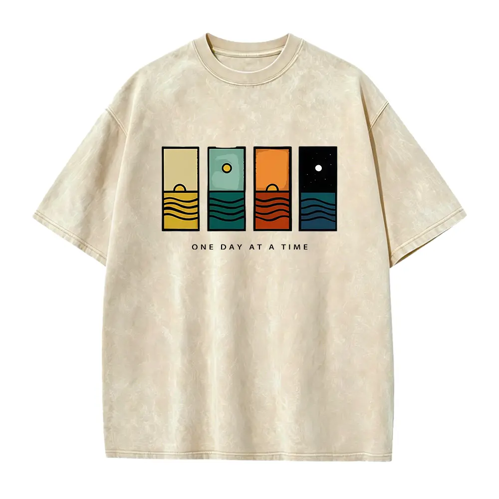 Oversize Acid Wash Vintage One Day At A Time Graphic T-Shirt, Minimal Retro Daily Casual Tee, Heavyweight Cotton Streetwear Unisex Crewneck Tshirt