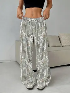 Unisex Camouflage Print Drawstring Waist Straight Leg Pants, Loose-Fit Casual Fashion Summer Wear, Women's Long Trousers for Daily