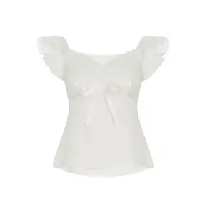 [Cute Y2K Tee] White Polyester Y2K-Inspired V-Neck T-Shirt | Ruffled Sleeves, Bow Detail, All-Season Fashion Top, Casual Wear, Playful Design, Glossy Finish