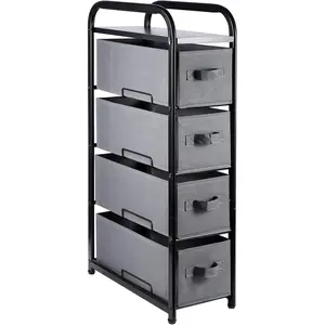 4 Drawer Narrow Dresser Fabric Storage Tower Vertical Slim Storage Chest Organizer Nightstand Side/End Table Small Standing Organizer Removable Drawers  Top for Bedroom, Bathroom(Grey