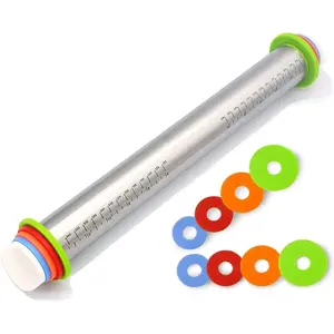 Adjustable Rolling Pin with Thickness Rings for Baking,17" Stainless Steel Dough Roller,Measurement Markings Rolling Pins For Pizza, tortilla,Pie,Pasta,Fondant,Cookies, for Chefs &  Bakers