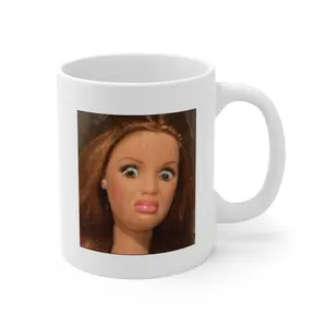 Funny Doll Face Mug  Humorous Doll Expression, Novelty Ceramic Coffee Cup