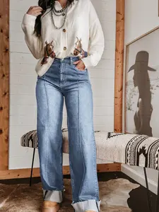 Spring Summer Vintage Folded Hem Mid Rise Wide Leg Jeans High Waist Slim Straight Cut Women's Jeans for Casual Outfits