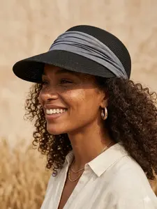 Women's 2-In-1 Headband Sun Visor Hat, Ruched Fabric Band Split Straw Cap, Breathable Open Top Visor for Tennis Golf Summer Beach