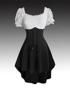 Vintage Lace Patchwork Dress, Colorblock Bubble Sleeve Tailored Hem, Elegant Vacation Commute Party Wear, Versatile Gothic Style