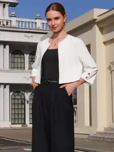 INSPIRE CHIC Women's Collarless Blazers 3/4 Sleeve Dressy Casual Cropped Jacket