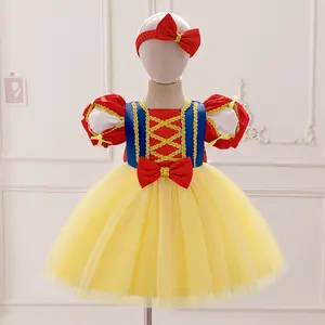 5-8Y Yellow 010 Cartoon Cosplay Costume Fancy Puff Sleeve Bow Mesh Carnival Kids Clothes Performance Princess Theme Party Holiday Girls Ball Gown Children Cocktail Dress