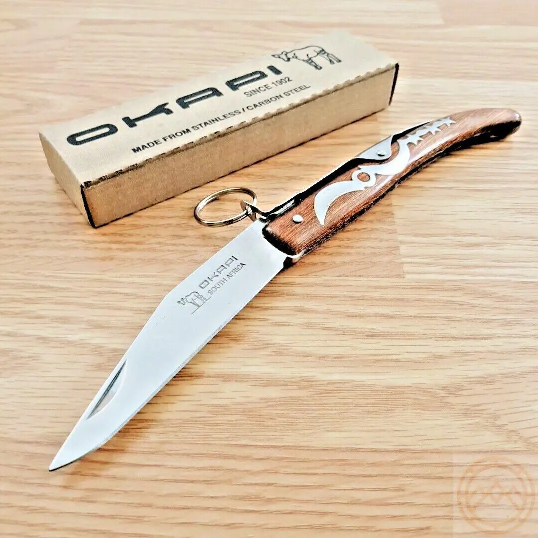 Okapi Keyring Lock Pocket Knife 4" Carbon Steel Blade Resin Impregnated Wood