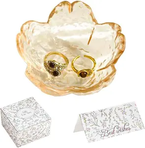 Gifts for Women Amber Flower Jewelry Ring Dish Tray,Decorative Glass Trinket Dish,Room Decor Aesthetic, Modern Accent Tray for Vanity Friendship Christmas Birthday Gifts for Women(Amber)