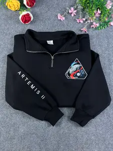 Women's Fitted Long-Sleeve Embroidered NASA Artemis 2 Mission Logo Quarter-Zip Casual Pullover Tops, Plus Size Sweatshirt for Everyday Wear (Return to the Moon Themed)