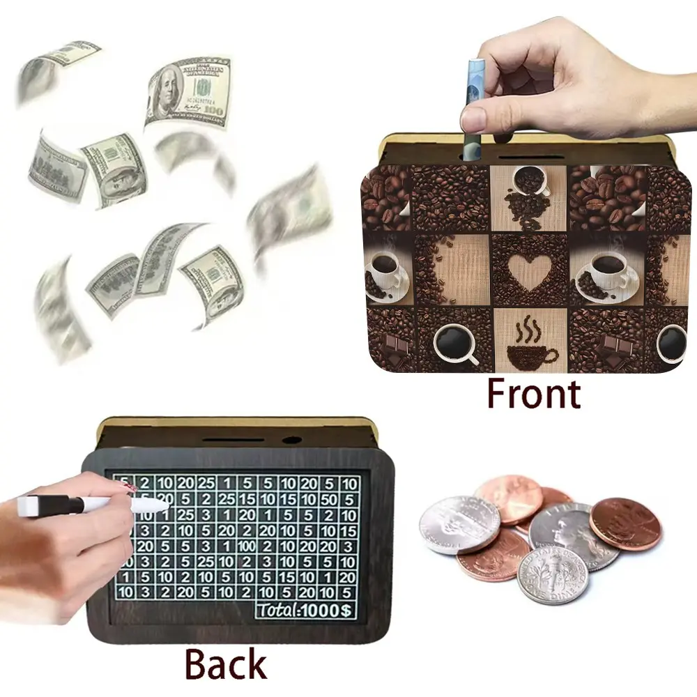 Wooden Money Box with Dual-Sided Design, Vintage Coffee Pattern, Ideal for Teenagers, Birthday Gift, School Season, Storage Container