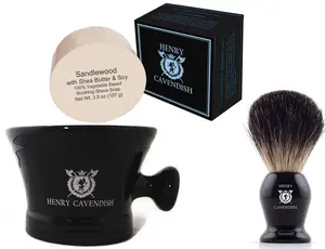 Henry Cavendish® Sandlewood Shave Kit with - Shave Soap with Shea Butter & Coconut Oil. Long Lasting 3.8 oz Puck Refill, plus Gentleman's Ceramic Shave Soap Bowl with Handle.
