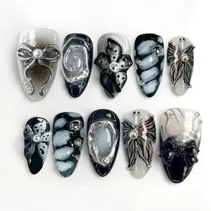 30pcs Y2k Metallic Handmade Black Press On Nails Medium Length Almond Fake Nails 3D Flowers, Silver Swirls, Bow & Butterfly Charms Dark Design Series Goth Punk False Nails Glue on Nails for Women