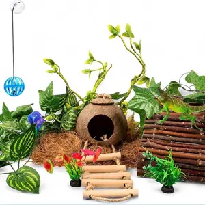 Crested Gecko Tank Accessories，Reptile Vines Plants with Coconut Shell Ladder Hideout Hermit Crab Decor for Leopard Gecko Lizard Chameleon Tortoise Snake Terrarium Decor