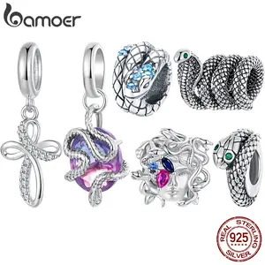 Bamoer 925 Sterling Silver Mystery Medusa Charm Transparent Glass Serpent Pendant  for Women Bracelet Accessories DIY Punk Gift