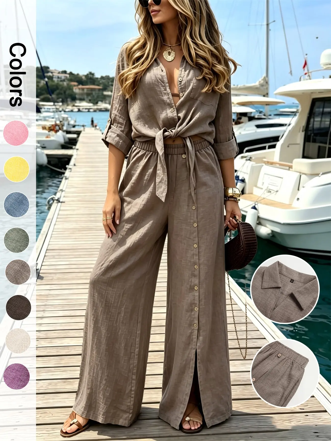Women's Two-Piece Vacation Style Shirt and Pants Set, Knot Top with Button Decoration, Wide-Leg Pants, Casual Womenswear