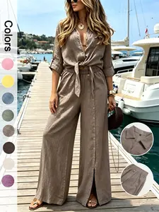 Women's Two-Piece Vacation Style Shirt and Pants Set, Knot Top with Button Decoration, Wide Leg Pants, Casual for Women