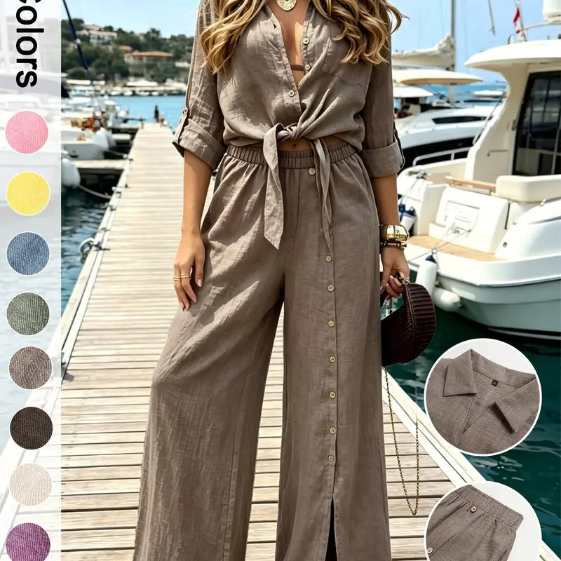 Women's Two-Piece Vacation Style Shirt and Pants Set, Knot Top with Button Decoration, Wide-Leg Pants, Casual Fit Womenswear
