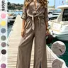 Women's Two-Piece Vacation Style Shirt and Pants Set, Knot Top with Button Decoration, Wide-Leg Pants, Casual Fit Womenswear