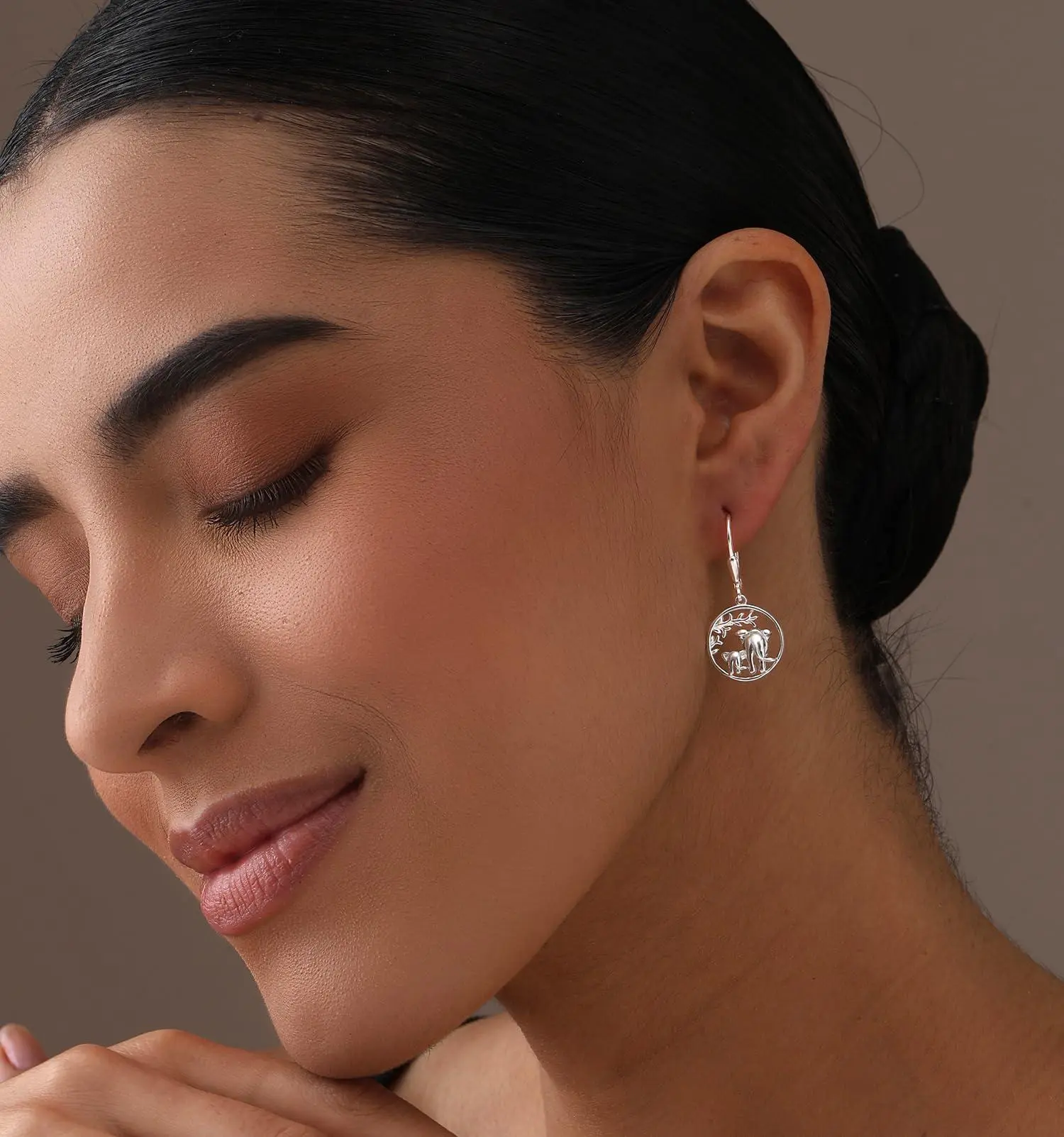 LeCalla 925 Sterling Silver Elephant Family Circle Drop Earrings for Women | Nature-Inspired Elephant Family Earring | Tree of Life Animal Charm Leverback Dangle Earrings 30MM