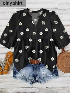 Women's Daisy Floral Blouse, Womenswear Short Sleeve Bubble Hem V Neck Waist Cinched Doll Shirt, Top, Summer Casual Wear, Daily Commute, Vacation, Dating